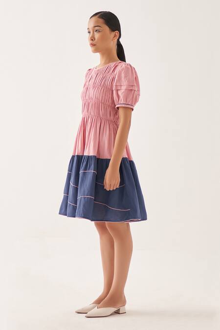 Buy_Cross A Line_Pink Cotton, Linen Round Neck Bella Smocked Dress _Online_at_Aza_Fashions