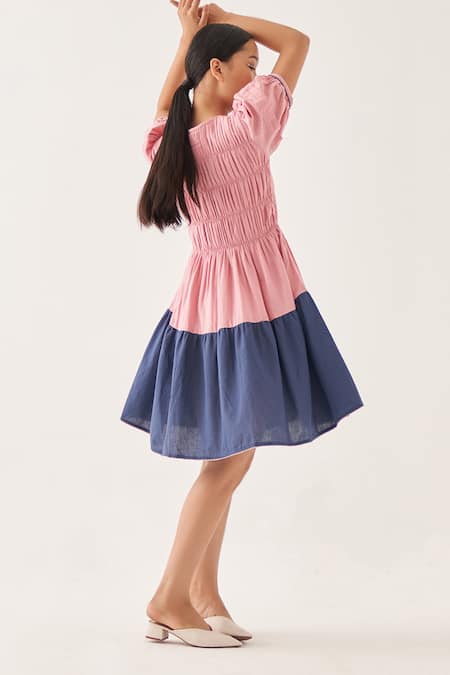 Shop_Cross A Line_Pink Cotton, Linen Round Neck Bella Smocked Dress _Online_at_Aza_Fashions