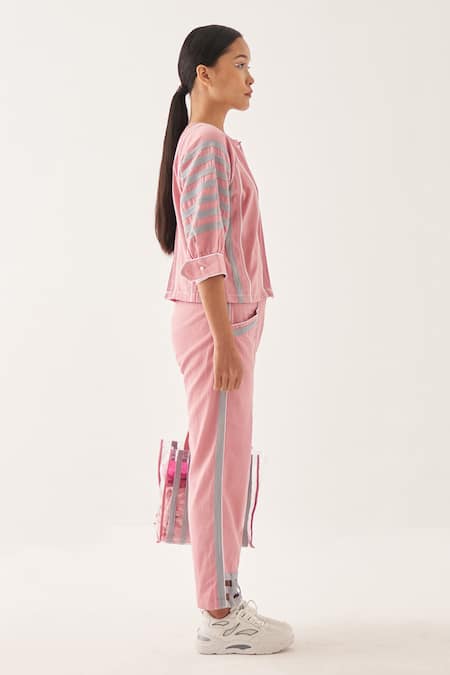 Cross A Line_Pink Cotton, Linen Round Neck Bine Shirt And Straight-fit Trouser Set _Online_at_Aza_Fashions