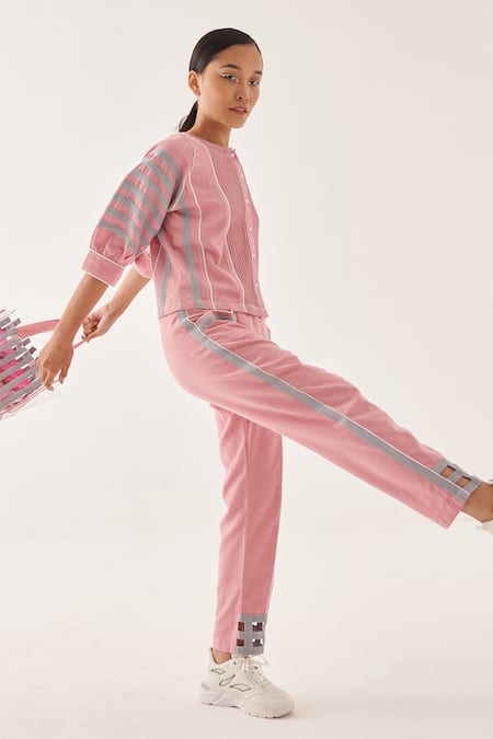 Buy_Cross A Line_Pink Cotton, Linen Round Neck Bine Shirt And Straight-fit Trouser Set _Online_at_Aza_Fashions