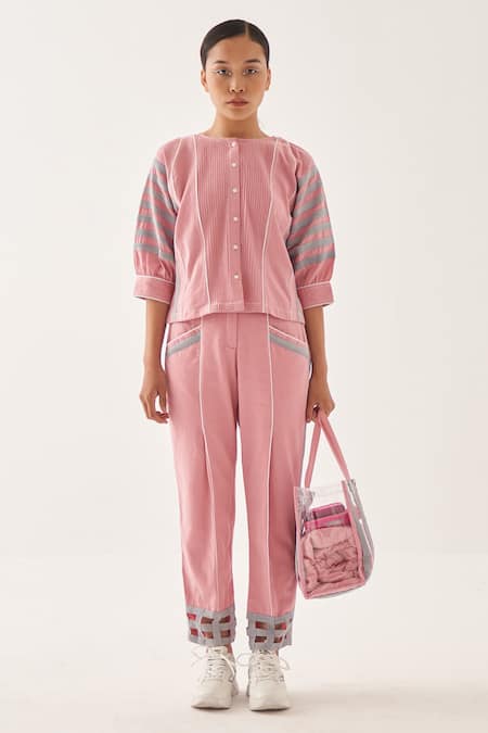 Cross A Line_Pink Cotton, Linen Bine Straight-fit Trouser _Online_at_Aza_Fashions