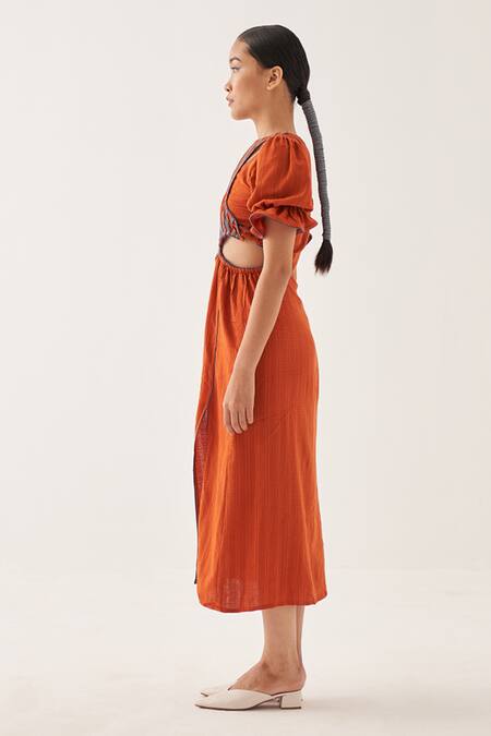 Cross A Line_Orange Jacquard, Linen Racerback Burnished Striped Midi Dress _Online_at_Aza_Fashions
