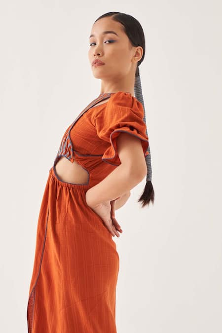 Buy_Cross A Line_Orange Jacquard, Linen Racerback Burnished Striped Midi Dress _Online_at_Aza_Fashions