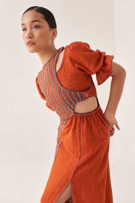 Shop_Cross A Line_Orange Jacquard, Linen Racerback Burnished Striped Midi Dress _Online_at_Aza_Fashions