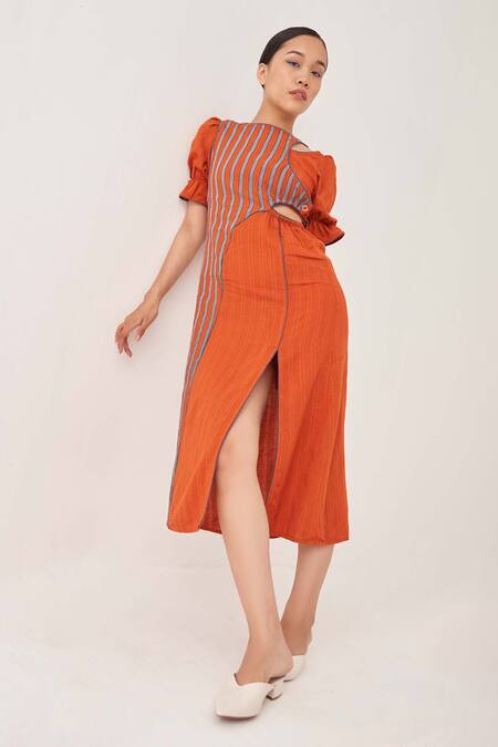 Cross A Line_Orange Jacquard, Linen Racerback Burnished Striped Midi Dress _at_Aza_Fashions
