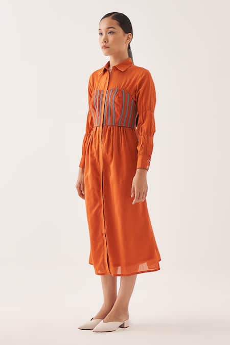 Buy_Cross A Line_Orange Chanderi Silk Collared Corset Shirt Dress _Online_at_Aza_Fashions