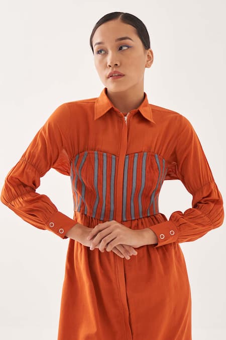 Shop_Cross A Line_Orange Chanderi Silk Collared Corset Shirt Dress _Online_at_Aza_Fashions