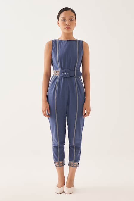 CROSS A LINE Blue Cotton Linen Solid Round Cerulean Jumpsuit  