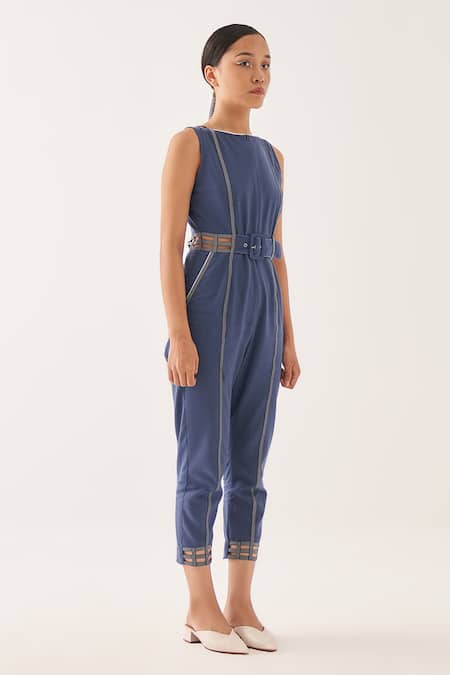 Cross A Line Cerulean Cotton Linen Jumpsuit 