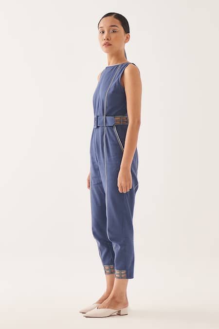 Shop_Cross A Line_Blue Cotton, Linen Round Neck Cerulean Jumpsuit _Online_at_Aza_Fashions