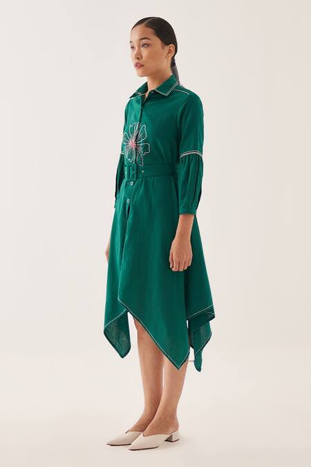 Cross A Line Green Cotton, Linen Embroidery Collared Crooked Nale Shirt Dress Online at Aza Fashions Cross A Line_Green Cotton, Linen Embroidery Collared Crooked Nale Shirt Dress _Online_at_Aza_Fashions