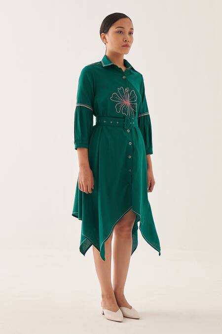 Buy Cross A Line Green Cotton, Linen Embroidery Collared Crooked Nale Shirt Dress Online at Aza Fashions Buy_Cross A Line_Green Cotton, Linen Embroidery Collared Crooked Nale Shirt Dress _Online_at_Aza_Fashions