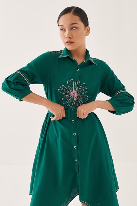 Shop Cross A Line Green Cotton, Linen Embroidery Collared Crooked Nale Shirt Dress Online at Aza Fashions Shop_Cross A Line_Green Cotton, Linen Embroidery Collared Crooked Nale Shirt Dress _Online_at_Aza_Fashions