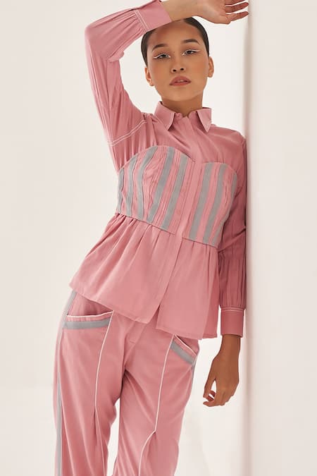 Cross A Line_Pink Cotton, Linen Collared Elenor Corset Shirt _Online_at_Aza_Fashions