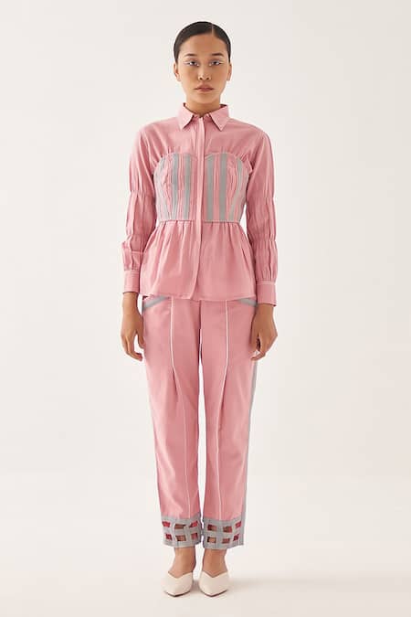 Shop_Cross A Line_Pink Cotton, Linen Collared Elenor Corset Shirt _Online_at_Aza_Fashions