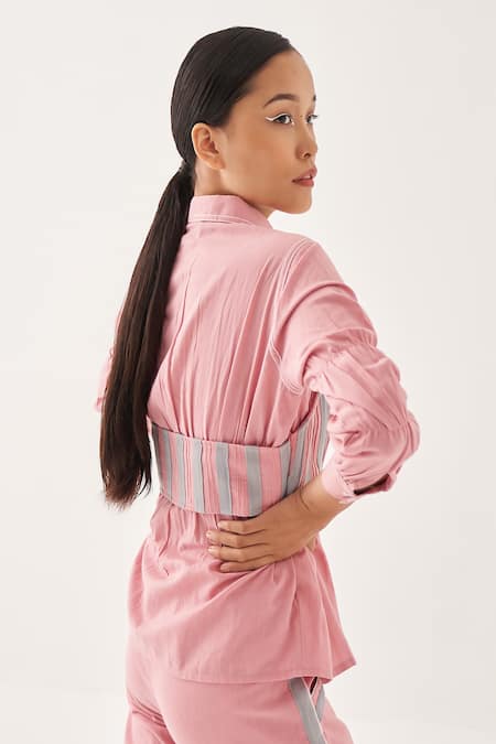 Cross A Line_Pink Cotton, Linen Collared Elenor Corset Shirt _at_Aza_Fashions