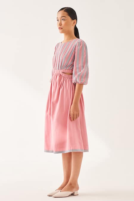 Cross A Line_Pink Cotton, Linen Round Neck Bubblegum Striped Dress _Online_at_Aza_Fashions