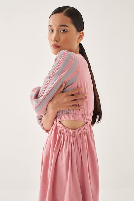 Buy_Cross A Line_Pink Cotton, Linen Round Neck Bubblegum Striped Dress _Online_at_Aza_Fashions