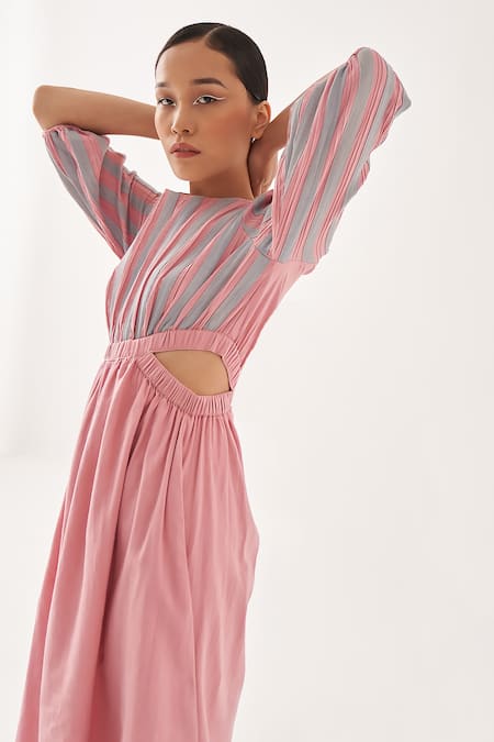 Shop_Cross A Line_Pink Cotton, Linen Round Neck Bubblegum Striped Dress _Online_at_Aza_Fashions