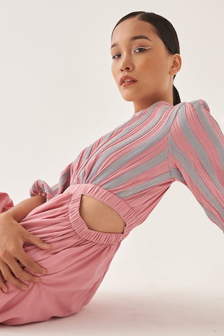 Cross A Line_Pink Cotton, Linen Round Neck Bubblegum Striped Dress _at_Aza_Fashions