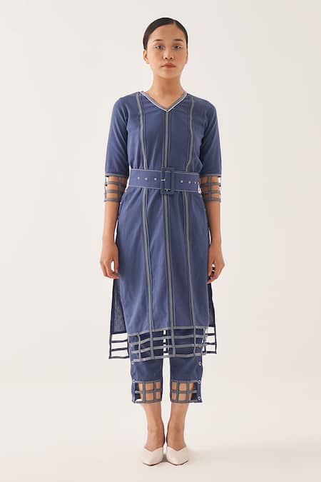 Buy_Cross A Line_Blue Cotton, Linen V-neck Maze Kurta _Online_at_Aza_Fashions