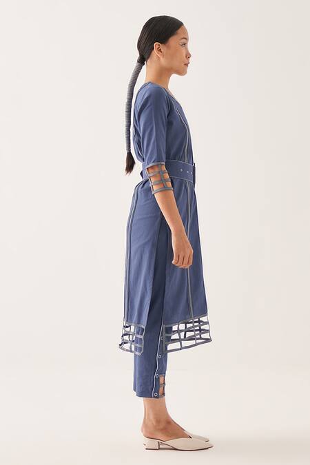 Shop_Cross A Line_Blue Cotton, Linen V-neck Maze Kurta _Online_at_Aza_Fashions