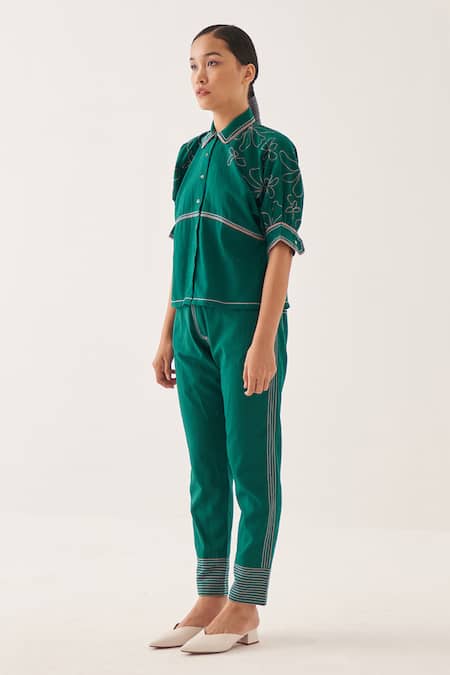 Shop_Cross A Line_Green Cotton, Linen Embroidery Collared Nale Shirt And Straight-fit Trouser Set _Online_at_Aza_Fashions