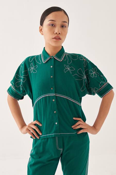 Cross A Line_Green Cotton, Linen Embroidery Collared Nale Shirt And Straight-fit Trouser Set _at_Aza_Fashions