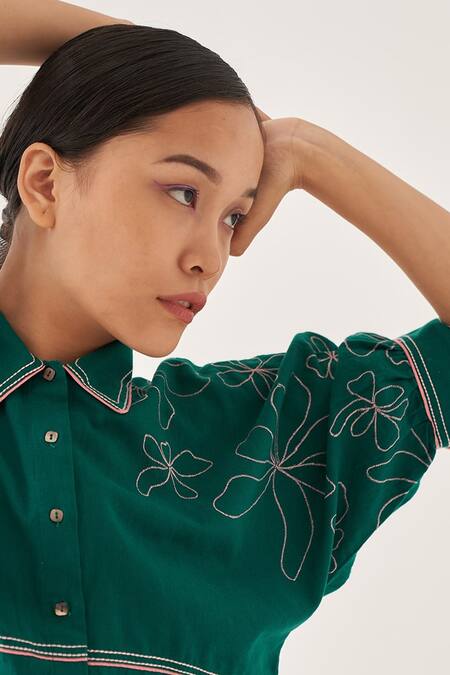 Cross A Line Green Cotton, Linen Embroidery Collared Nale Shirt Online at Aza Fashions Cross A Line_Green Cotton, Linen Embroidery Collared Nale Shirt _Online_at_Aza_Fashions