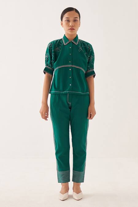 Buy Cross A Line Green Cotton, Linen Embroidery Collared Nale Shirt Online at Aza Fashions Buy_Cross A Line_Green Cotton, Linen Embroidery Collared Nale Shirt _Online_at_Aza_Fashions