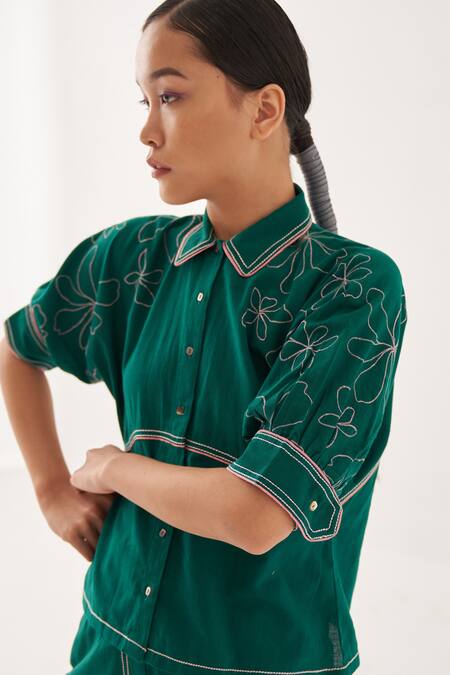 Cross A Line Green Cotton, Linen Embroidery Collared Nale Shirt at Aza Fashions Cross A Line_Green Cotton, Linen Embroidery Collared Nale Shirt _at_Aza_Fashions