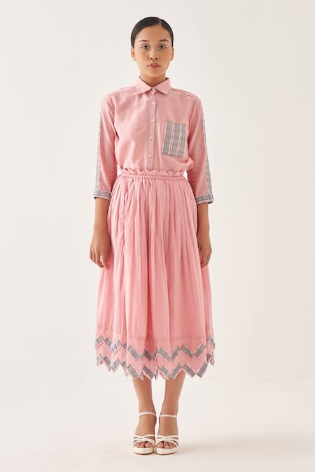 Buy_Cross A Line_Pink Cotton, Linen Embroidery Collared Scryte Shirt And Skirt Set _Online_at_Aza_Fashions
