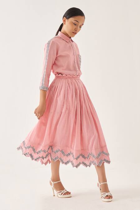 Cross A Line_Pink Cotton, Linen Embroidery Collared Scryte Shirt And Skirt Set _at_Aza_Fashions