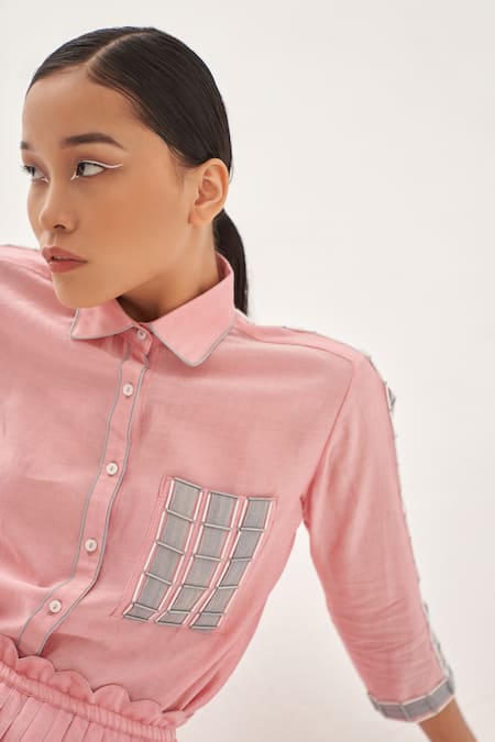 Cross A Line_Pink Cotton, Linen Collared Scryte Shirt _at_Aza_Fashions