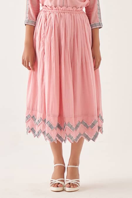 Cross A Line_Pink Cotton, Linen Embroidery Scryte Skirt _Online_at_Aza_Fashions