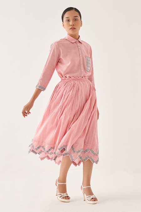 Cross A Line_Pink Cotton, Linen Embroidery Scryte Skirt _at_Aza_Fashions