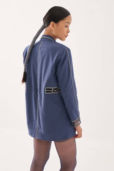 Shop_Cross A Line_Blue Cotton, Linen Cut Work Wale Blazer _Online_at_Aza_Fashions