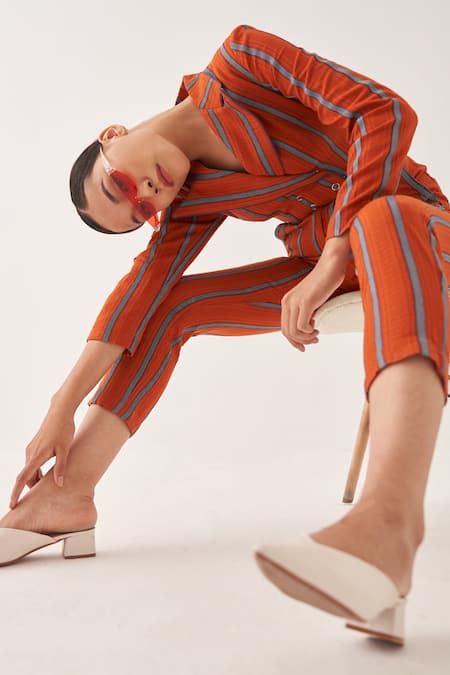 Shop_Cross A Line_Orange Jacquard, Linen Collared Wedgewood Striped Jumpsuit _at_Aza_Fashions
