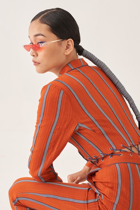 Cross A Line_Orange Jacquard, Linen Collared Wedgewood Striped Jumpsuit _Online_at_Aza_Fashions