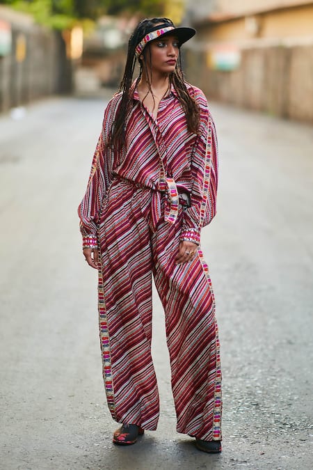 SVA by Sonam & Paras Modi Linen Bohemian Stripe Print Shirt & Pant Set 