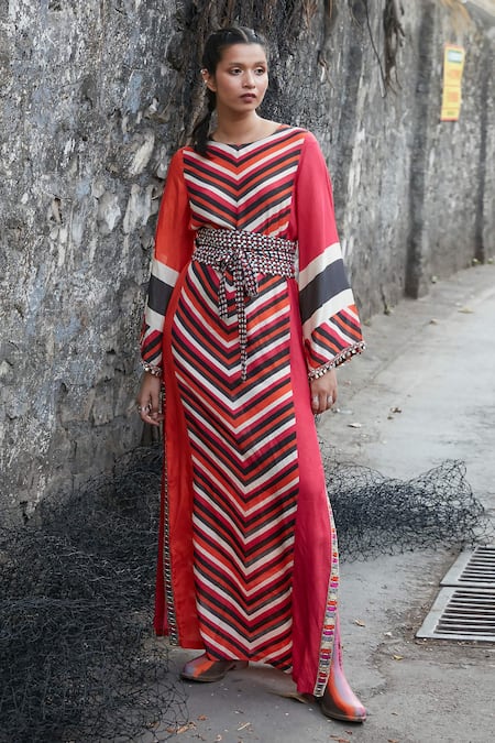 Multi-Coloured Printed Flared Dress With Belt