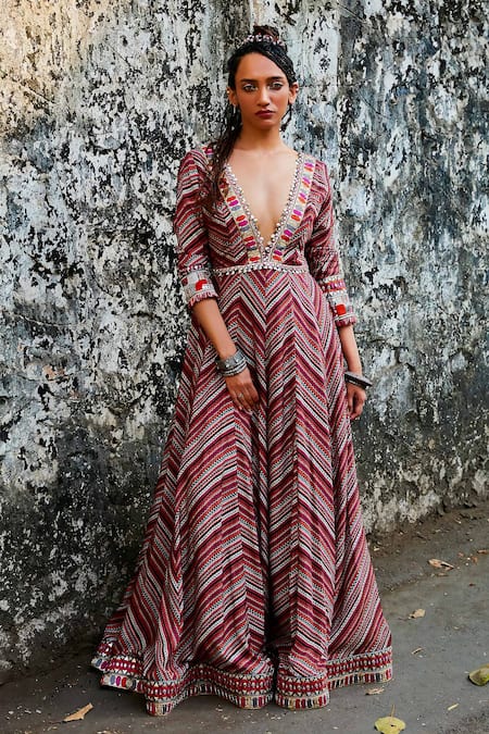 SVA by Sonam & Paras Modi Multi Color Shimmer Crepe Printed Stripe Plunge V Bohemian Anarkali 