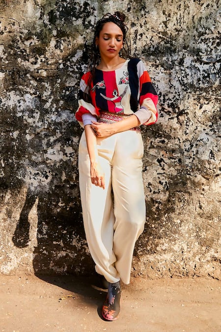 SVA by Sonam & Paras Modi Ivory Linen Shahar Stripe Print Cropped Blouse And Pant Set