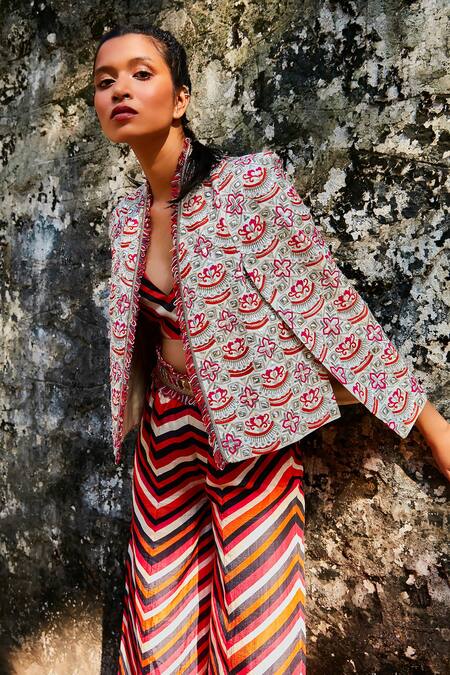 Shop Sva By Sonam & Paras Modi Multi Color Linen Embroidery Metal Stud Jacket Open Noor And Pant Set at Aza Fashions Shop_Sva By Sonam & Paras Modi_Multi Color Linen Embroidery Metal Stud Jacket Open Noor And Pant Set_at_Aza_Fashions