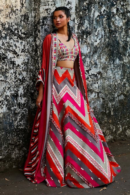 SVA by Sonam & Paras Modi Silk Colorblock Cape Lehenga Set 