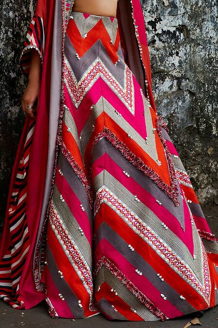 Sva By Sonam & Paras Modi_Multi Color Silk Embellished Thread Cape Open Colorblock Lehenga Set_Online_at_Aza_Fashions
