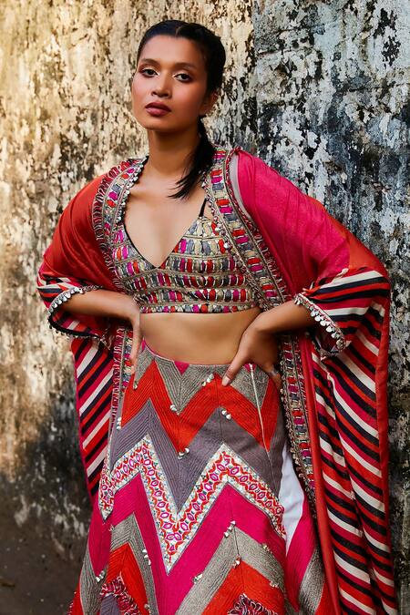Buy_Sva By Sonam & Paras Modi_Multi Color Silk Embellished Thread Cape Open Colorblock Lehenga Set_Online_at_Aza_Fashions