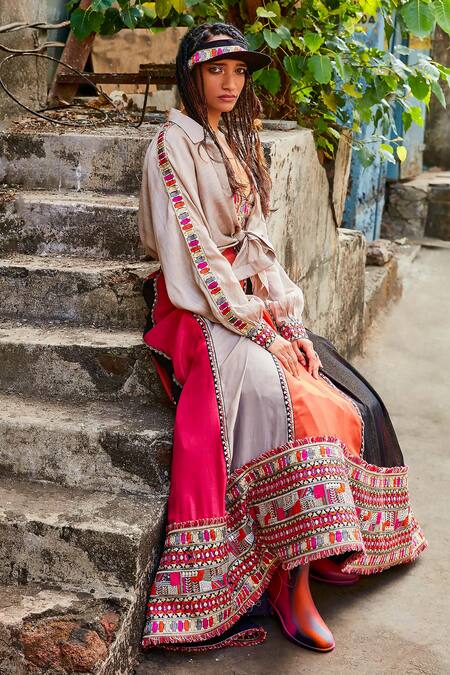 Shop Sva By Sonam & Paras Modi Multi Color Shimmer Crepe Embellished Thread Colorblock Lehenga And Shirt Set at Aza Fashions Shop_Sva By Sonam & Paras Modi_Multi Color Shimmer Crepe Embellished Thread Colorblock Lehenga And Shirt Set_at_Aza_Fashions