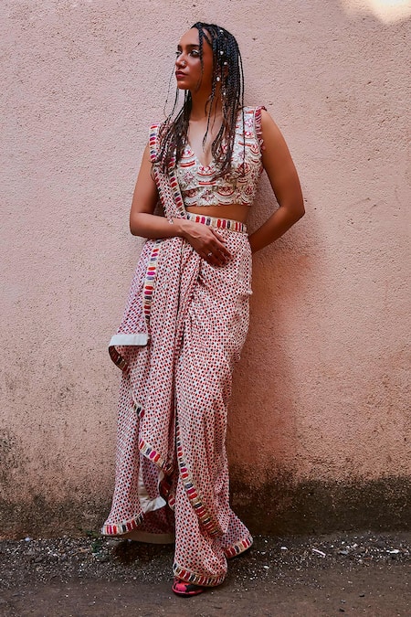 SVA by Sonam & Paras Modi Ivory Crepe Printed Geometric V Neck Pre-stitched Saree With Embellished Bustier