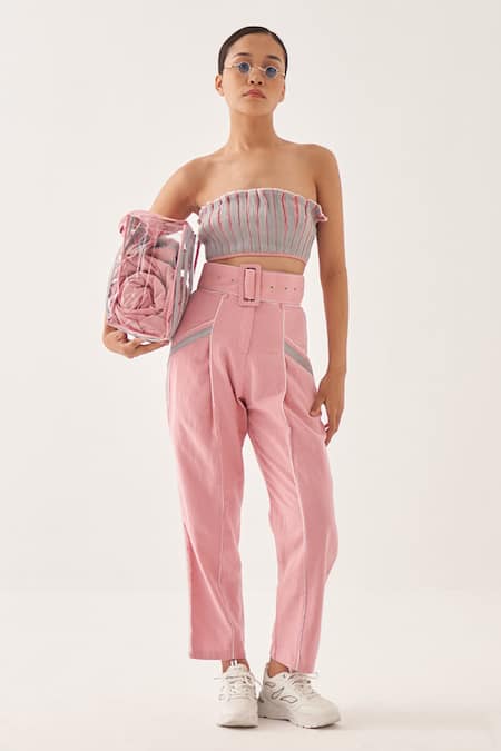 Cross A Line Pink Cotton, Linen Bandeau Neck Amelia Bustier And Pant Set 